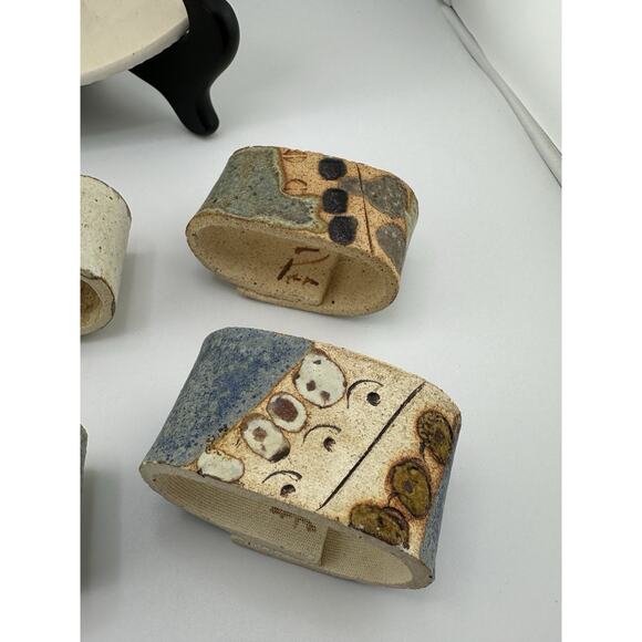 Vintage Hand Made Ceramic Slab Formed Bowl w/ 6 Naplin Rings 1998 Blue Cream - Picture 7 of 10